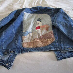 DUNGAREE JACKET with Lighthouse. Size M- Women's Heavyweight Cotton "Unique You"